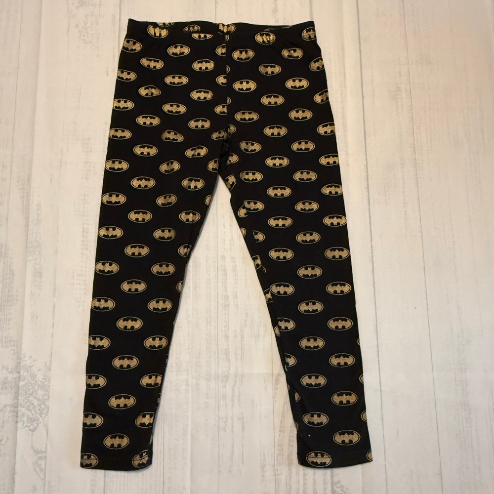 Batman Girls Leggings Black Gold Foil Logo Print Stretch Pants Size M 7/8
